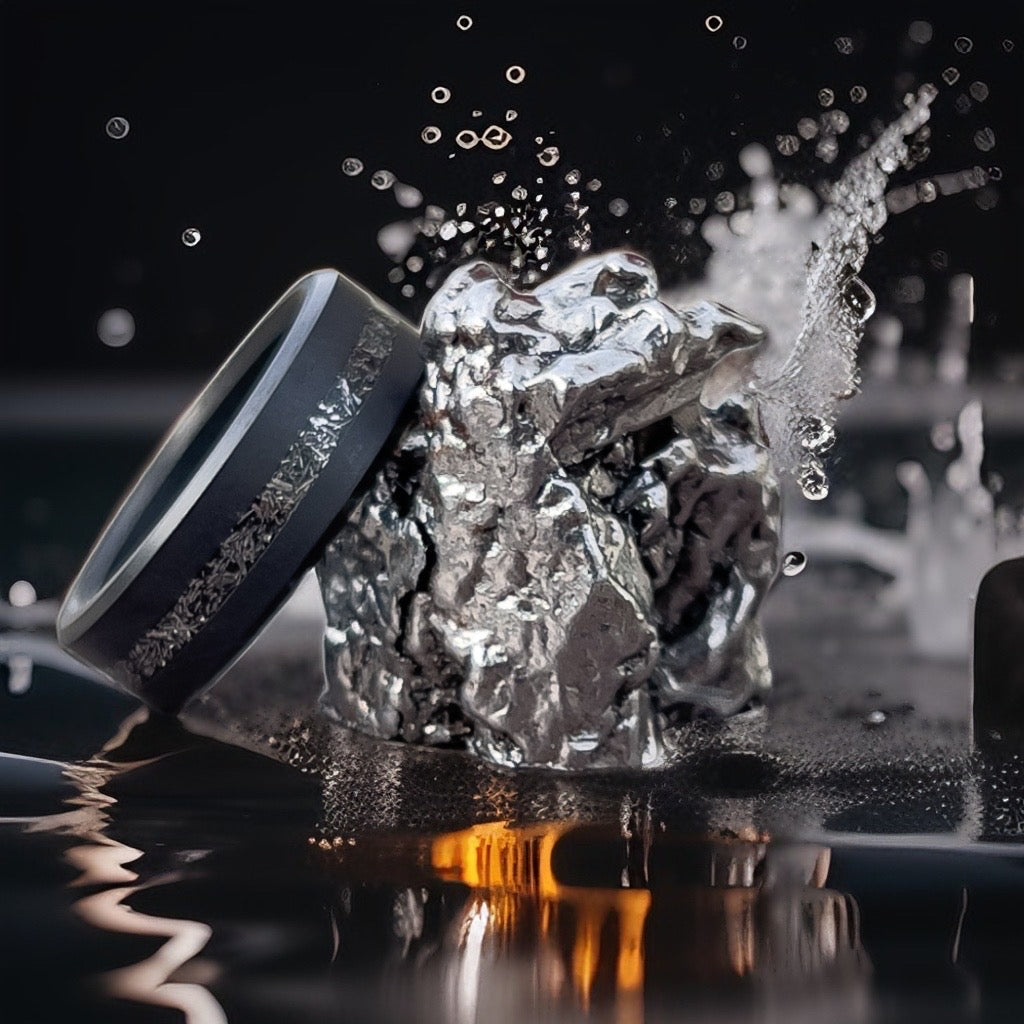 Solid Black Diamond Ring with Meteorite Inlay placed next to Meteorite Piece