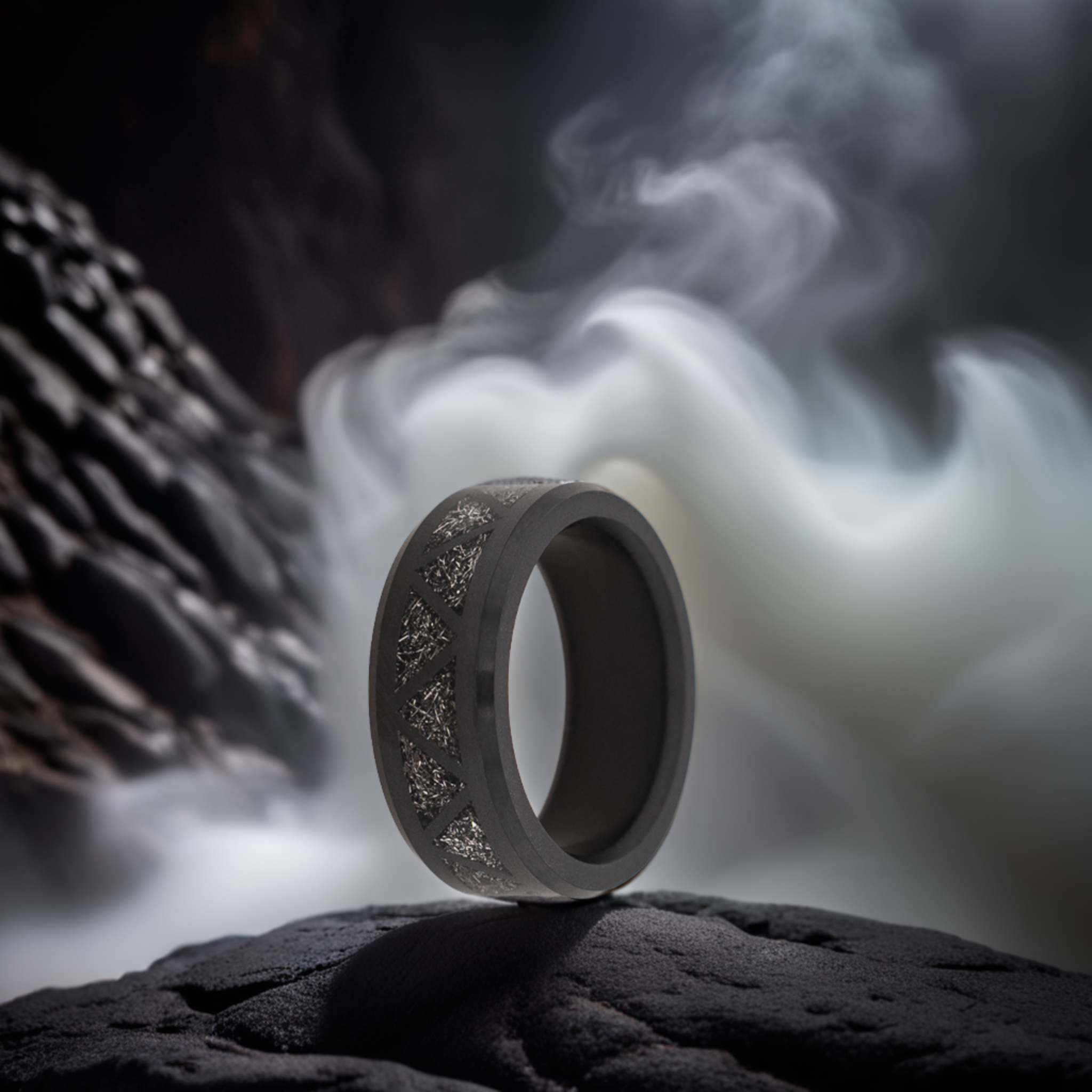 Black Diamond - Men’s Ring 8mm - Authentic Muonionalausta Meteorite Triangle Pattern Inlay - ARES - Elysium Black Diamond
