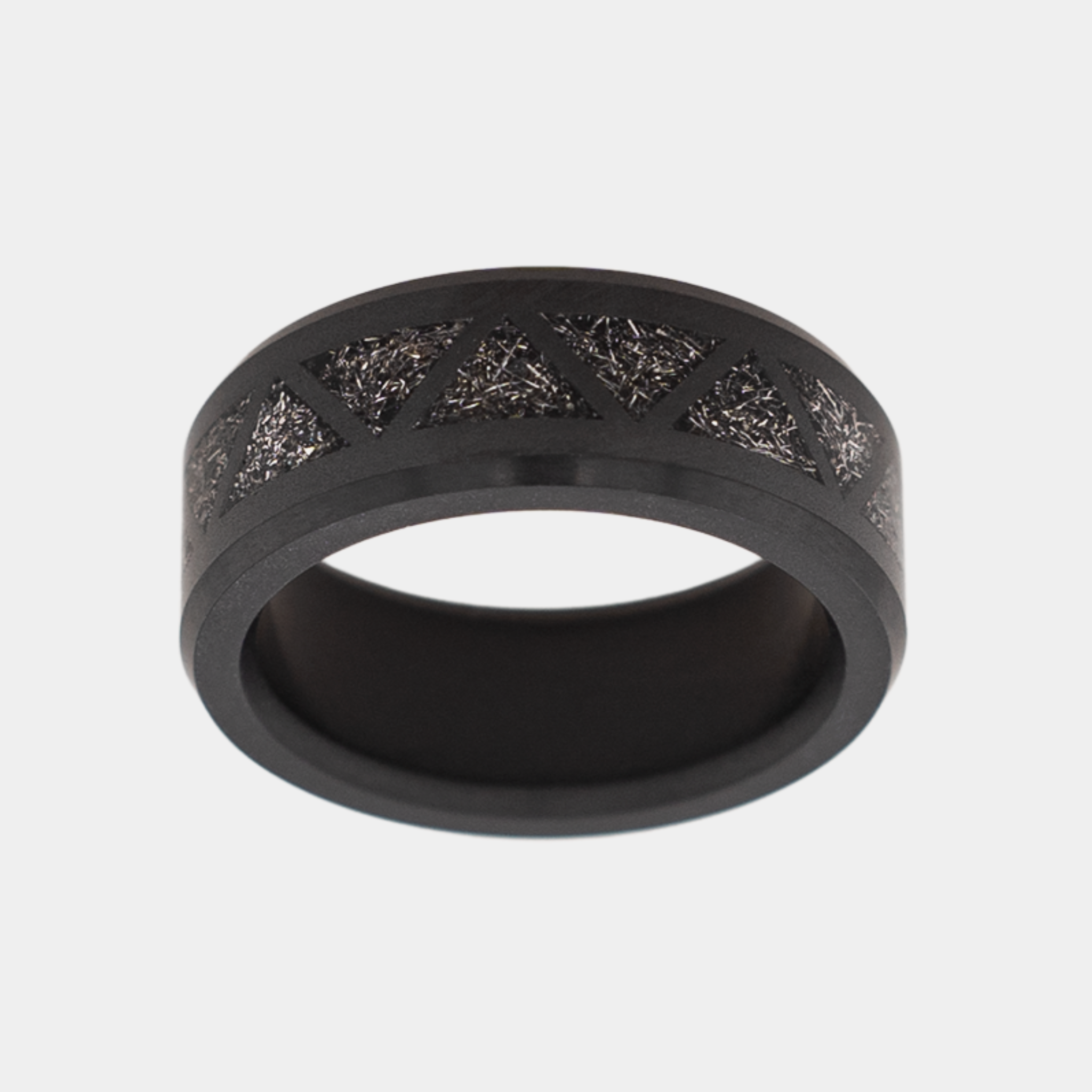 Black Diamond - Men’s Ring 8mm - Authentic Muonionalausta Meteorite Triangle Pattern Inlay - ARES - Elysium Black Diamond