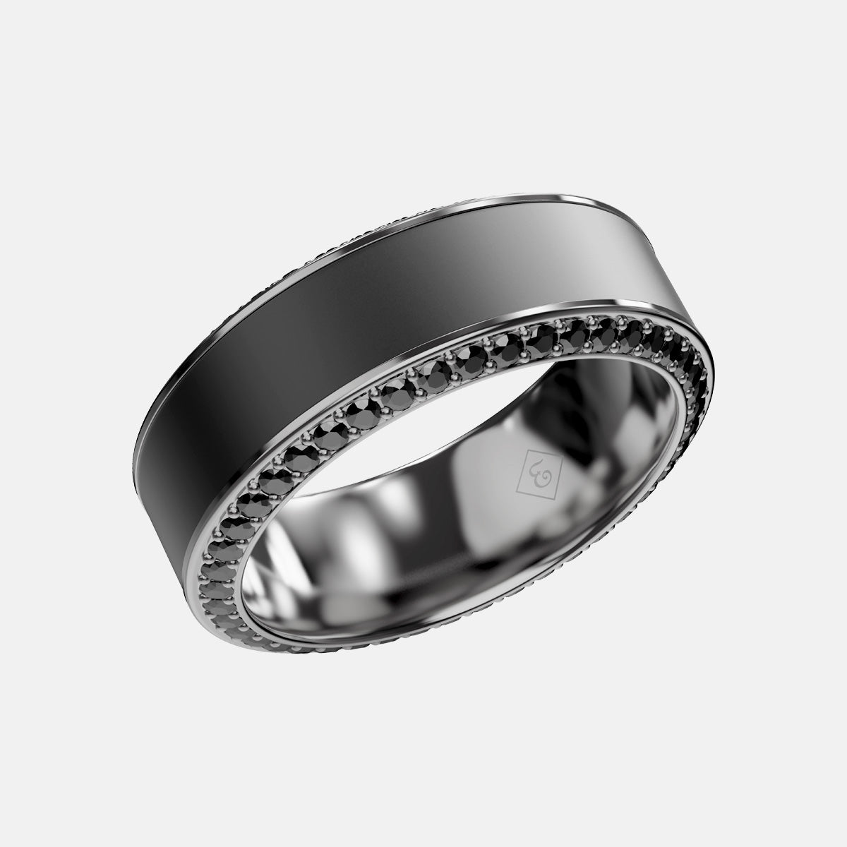 HELIOS - 8mm - Size 10.75 - Polished Finish - Platinum Band w Black Diamond inlay and Diamond Insets - SHIPS WITHIN 2 BUSINESS DAYS