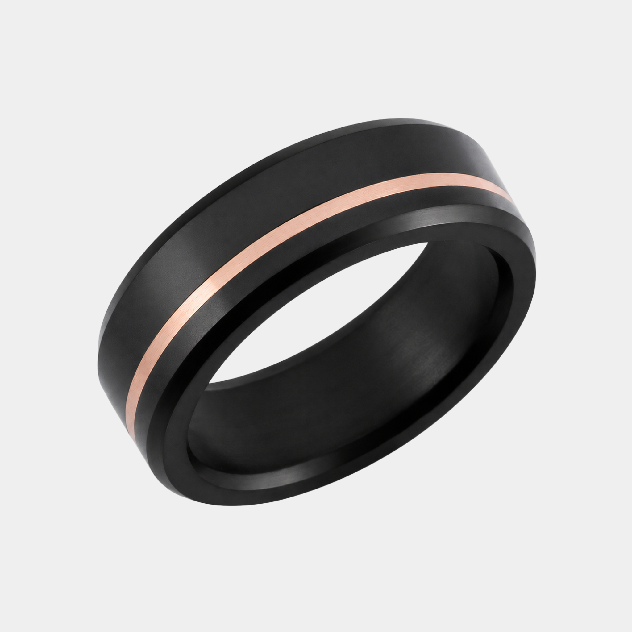 ARES solid black diamond ring with 10K rose gold offset inlay featuring a beveled profile and refined architectural design.