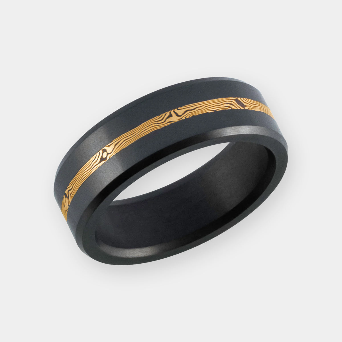 Black Diamond Ring with 14k Yellow Gold Mokume Inlay on White Background | Elysium Black Diamond Ring - Ares 8mm | Black Diamond & Yellow Gold Ring | Products | Image 1