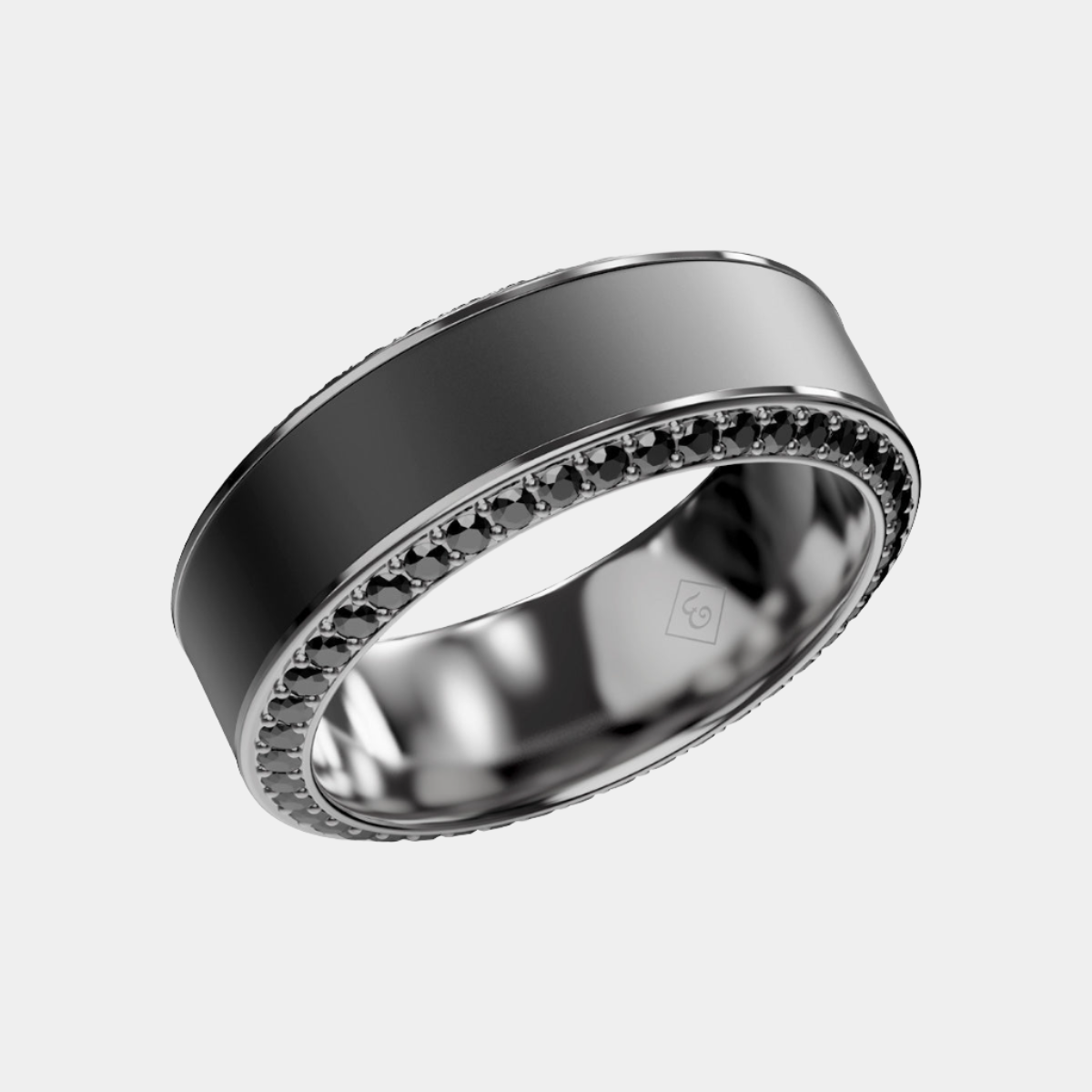 Black Diamond - Men’s Ring 8mm - Platinum Band w Black Diamond inlay and Diamond Insets - HELIOS - Elysium Black Diamond