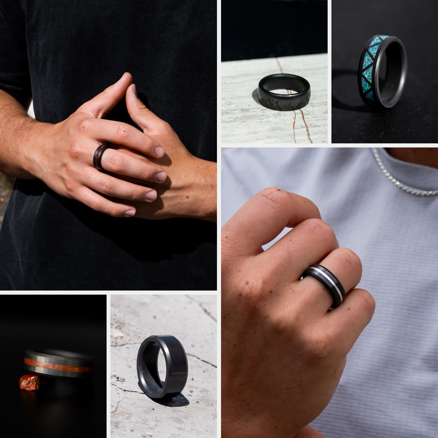 A Collage of 6 different types of black diamond rings