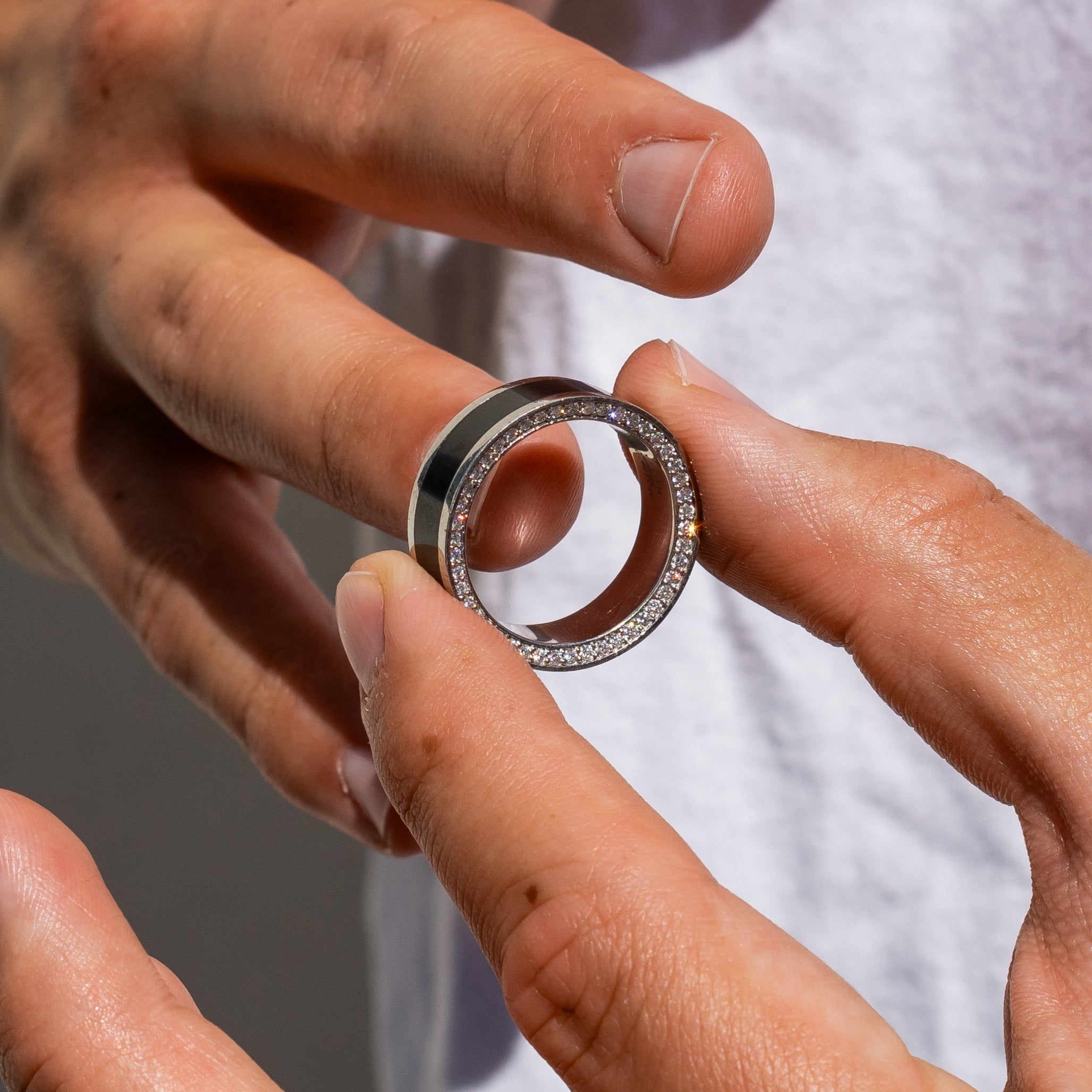 Black Diamond - Men’s Ring 8mm - White Gold Band w Black Diamond inlay and Diamond Insets - ZEUS - Elysium Black Diamond