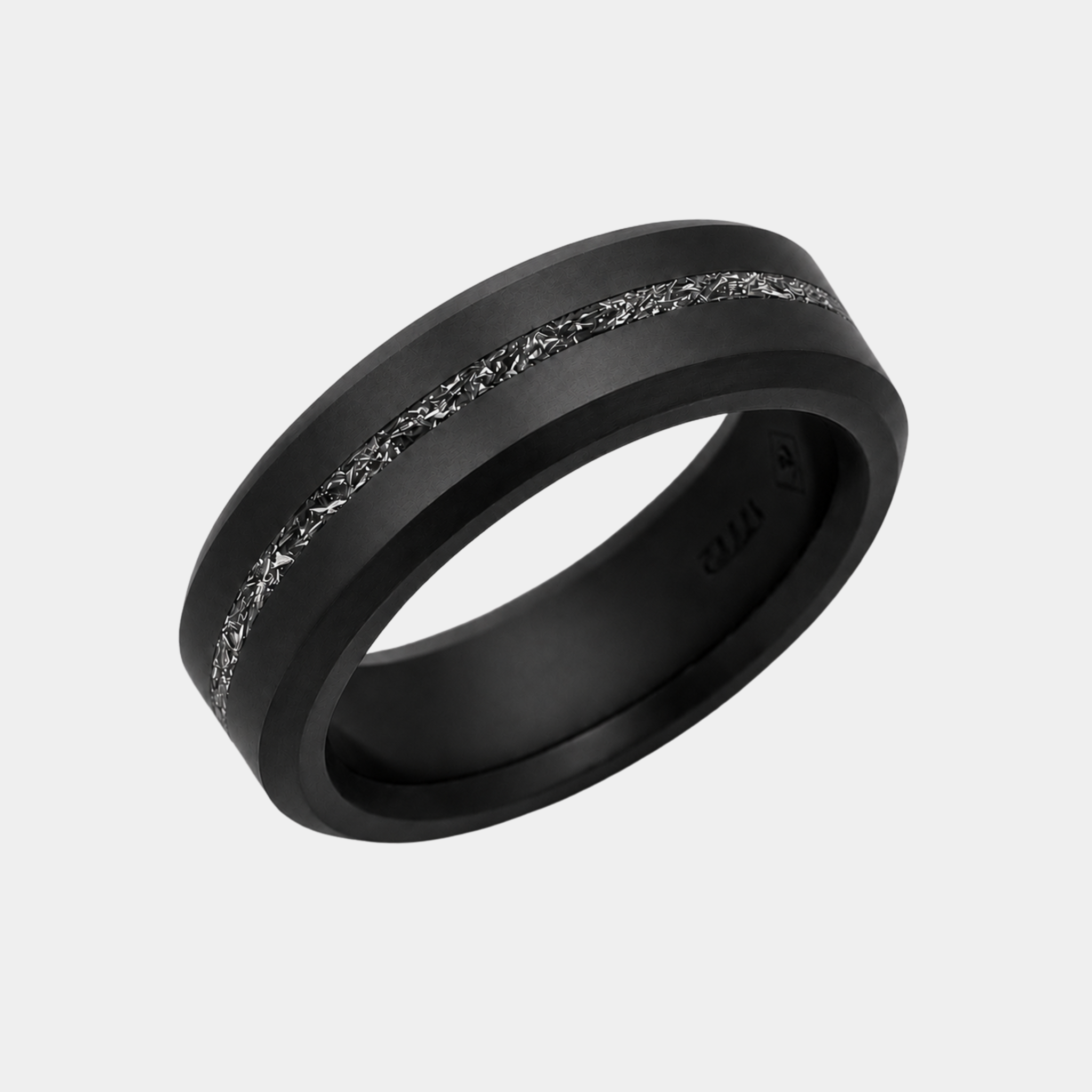 ARES meteorite inlay wedding band in solid black diamond, 7mm