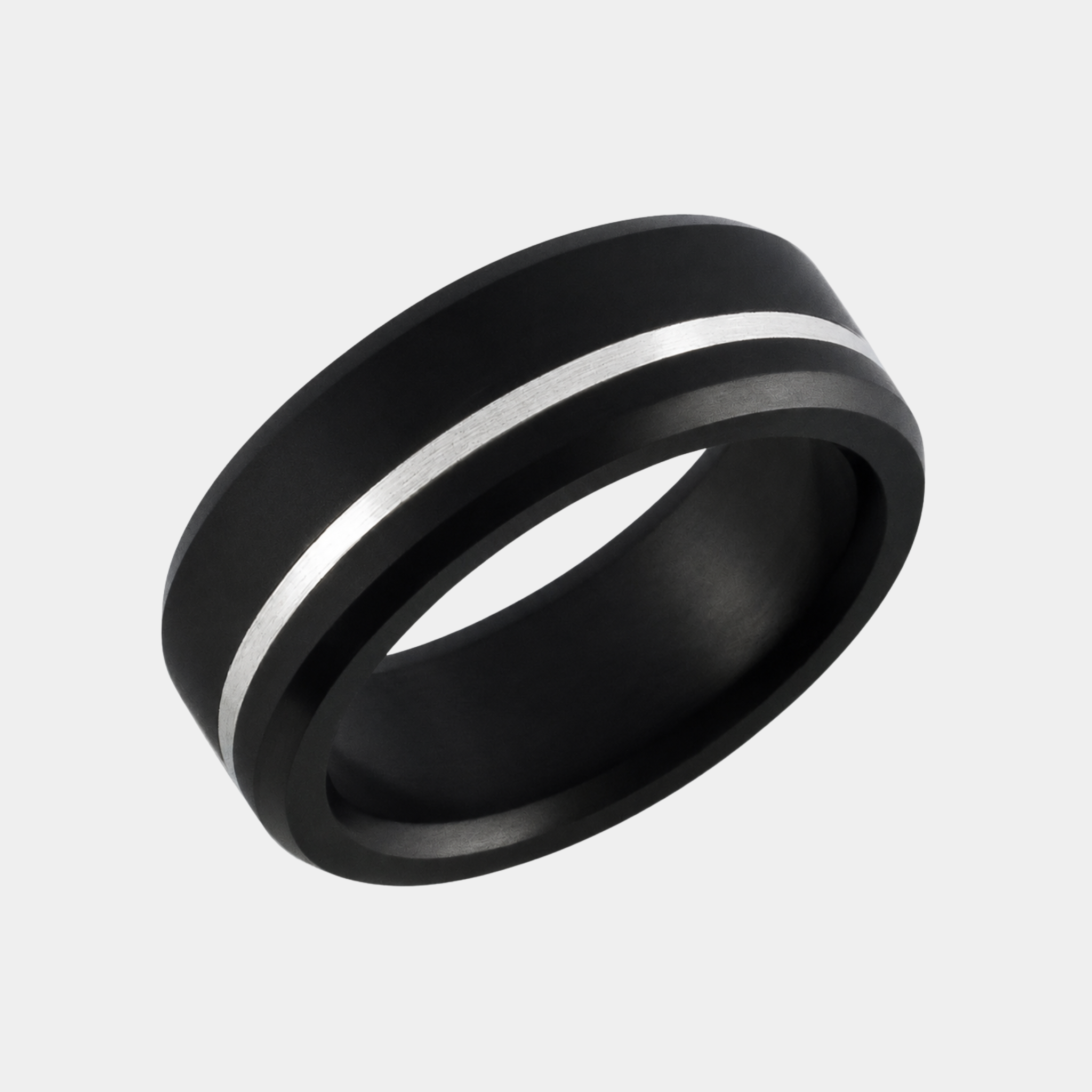 ARES solid black diamond ring with platinum offset inlay featuring a beveled profile and cool metallic contrast.