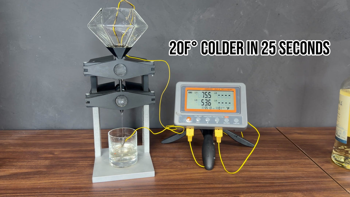 Diamond Chill prototype chilling whiskey 20°F in 25 seconds, with no ice